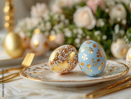 Wallpaper Mural Decorative Easter Eggs on Elegant Table with Floral Arrangement Torontodigital.ca
