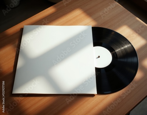 Vinyl record mockup with blank album cover on wooden table.
