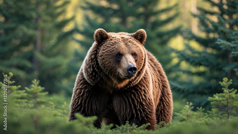 Obraz premium Wild Brown Bear in a summer forest. Animal in its natural environment. Wildlife setting.