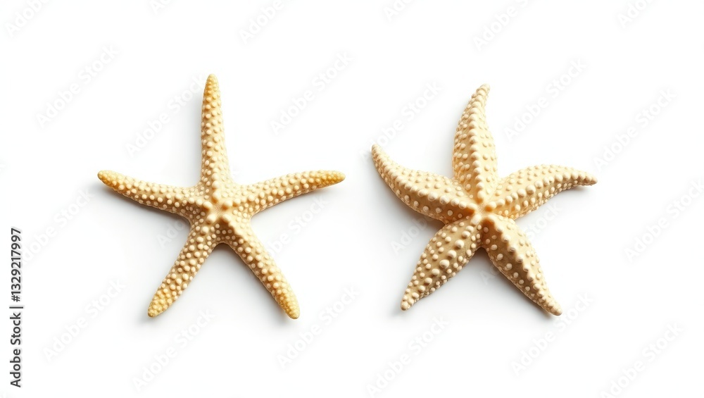 two distinct varieties of white starfish isolated against a white background, ocean, sea, beach, design element, flat lay, top view with subtle shadows two distinct varieties of white starfish isolated against a white background, ocean, sea, beach, design element, flat lay, top view with subtle shadows