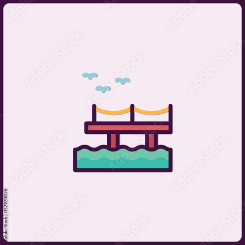 Scenic Pier Icon Design with Calm Waters and Distant Birds Illustration