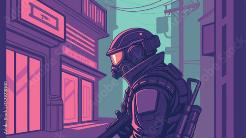 Cyberpunk Bounty Hunter with High-Tech Weapons – Sci-Fi Action Character Vector