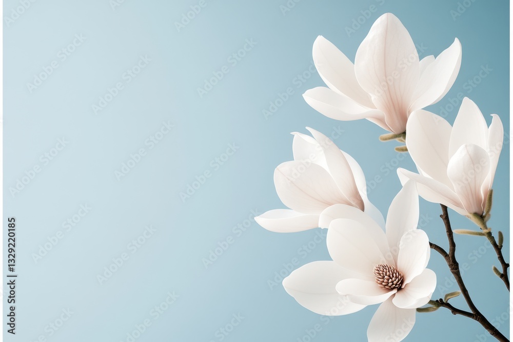 Obraz premium A magnolia tree in bloom, its large white flowers contrasting against a bright blue sky