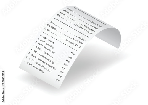 Payment check and receipts with shadow. Curved financial paper, purchase invoice. Buying, bill or calculate pay. Receipt the seller forms