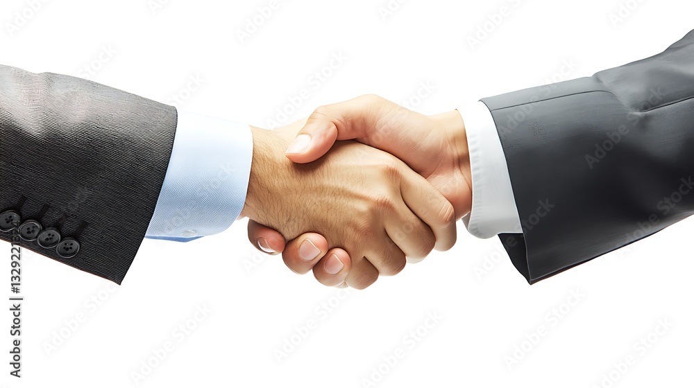 Close Up of Two Men in Gray Suits Shaking Hands Against White Background Close Up of Two Men in Gray Suits Shaking Hands Against White Background