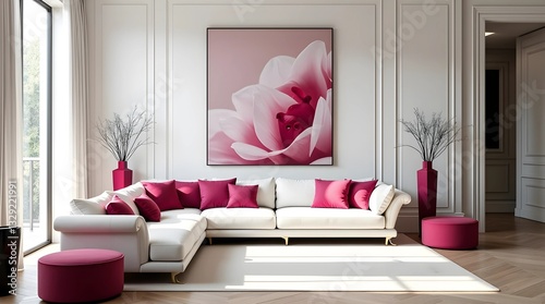 Modern living room with white sofas. The interior features snow-white walls and white sofas, bright and juicy fuchsia colored pillows.