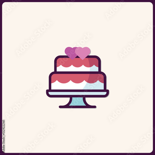Stylized wedding cake icon with heart toppers for celebratory designs