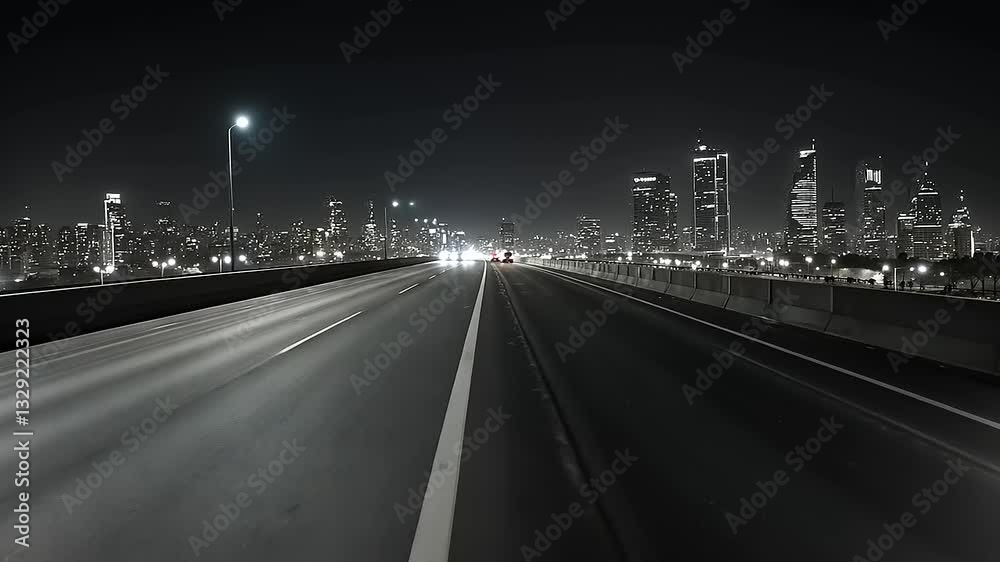 Nighttime cityscape view from an empty highway, showcasing illuminated skyscrapers in background Nighttime cityscape view from an empty highway, showcasing illuminated skyscrapers in background