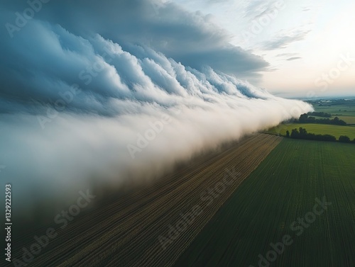 Rolling Fog Over Farmland at Dawn.