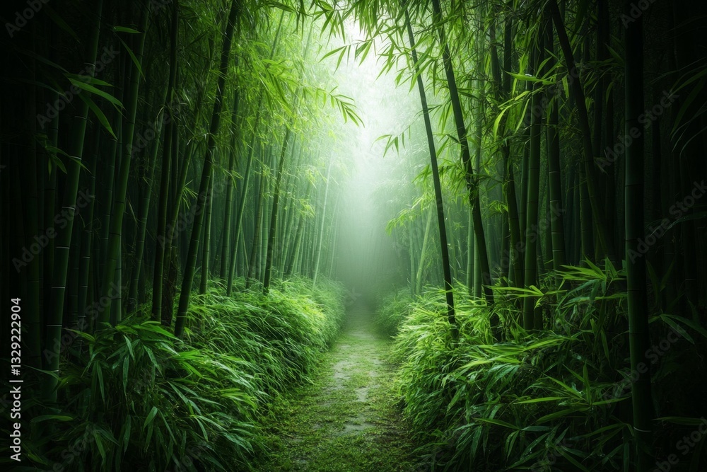 Naklejka premium A path winding through a bamboo forest, with soft light filtering through the towering green stalks