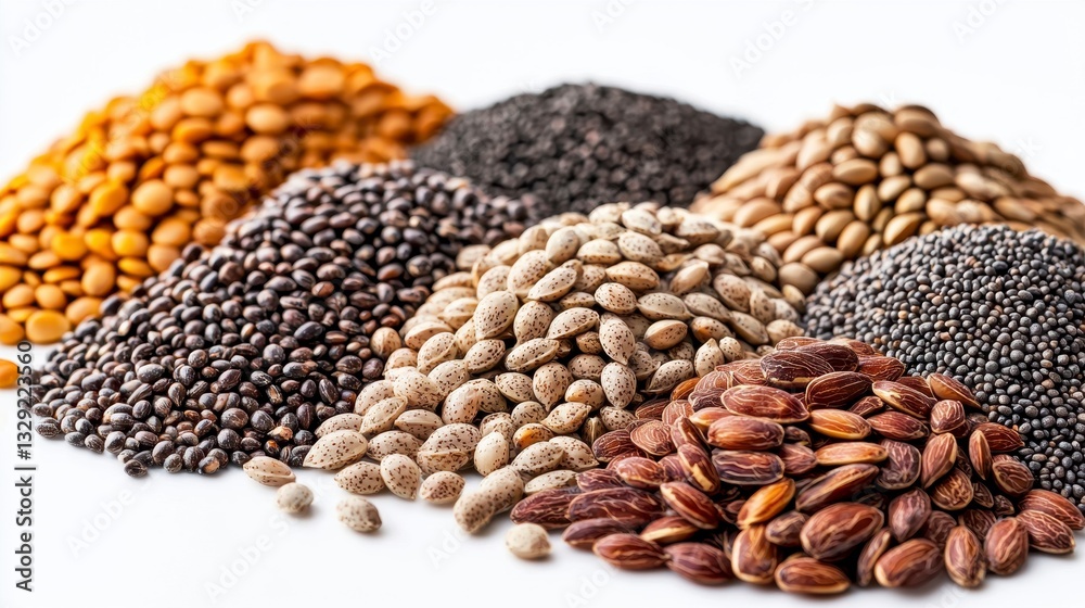 Naklejka premium Selection of nutritious nuts and seeds isolated on a white background providing healthy snack options for wellness