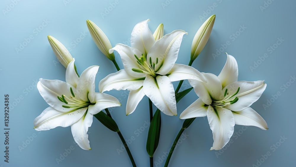 Fototapeta premium White lilies flowers. Background for mourning or funeral.