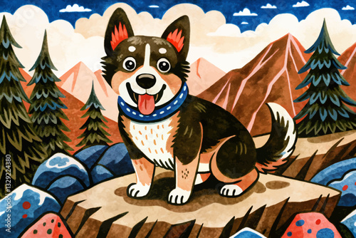 funny dog in beautiful mountains natural forest abstract cartoon illustration