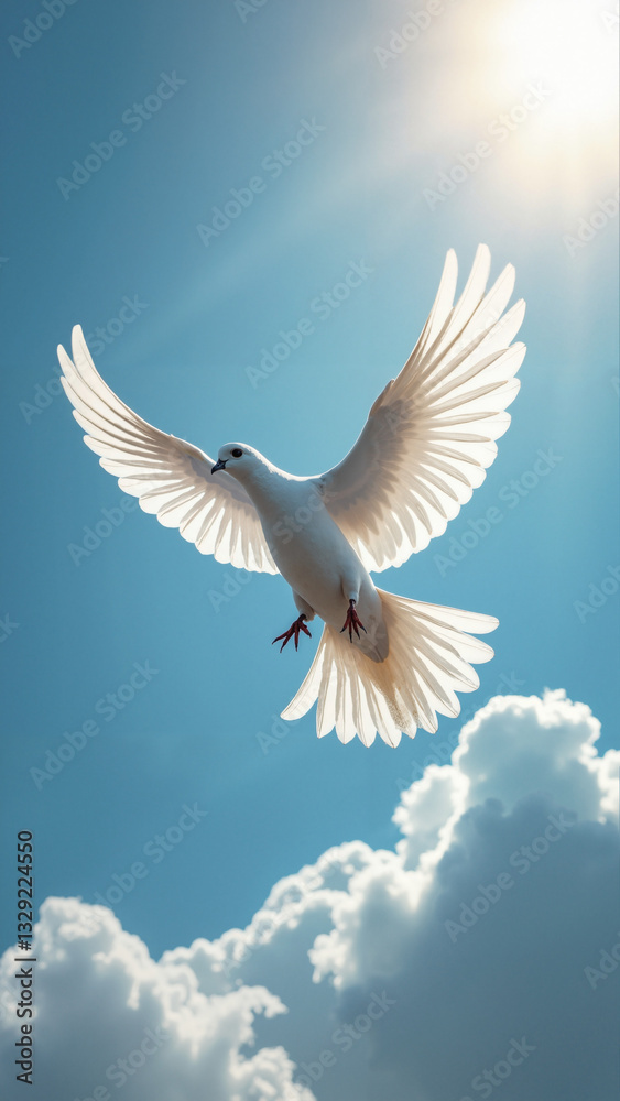 Majestic Flying Dove Soaring Through a Clear Blue Sky - Perfect for Easter-Themed Projects and Marketing Materials Majestic Flying Dove Soaring Through a Clear Blue Sky - Perfect for Easter-Themed Projects and Marketing Materials