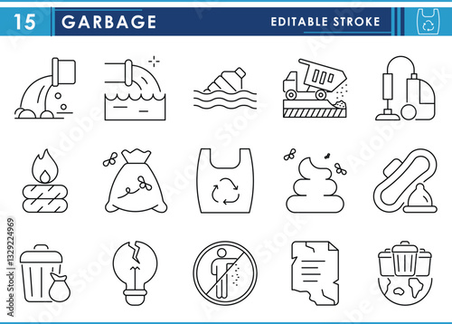 A set of line icons related to Garbage. Waste, management, plastic, tyre, bottle, paper, and so on. Vector editable stroke.
