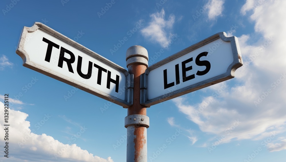 Directional signs for Truth vs Lies. Two way road sign with arrows on a metal pole featuring words. Crossroads sign, with blue sky backdrop. Directional signs for Truth vs Lies. Two way road sign with arrows on a metal pole featuring words. Crossroads sign, with blue sky backdrop.