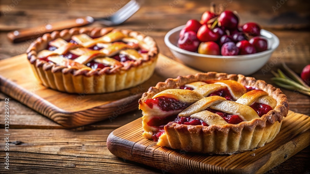 Delicious Homemade Fruit Pies, Rustic Kitchen Setting, High Depth of Field Delicious Homemade Fruit Pies, Rustic Kitchen Setting, High Depth of Field