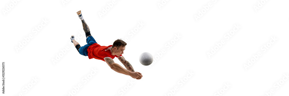 Dynamic image of focused and skillful male volleyball player in motion during intense game, playing against white background. Concept of sport, competition, active lifestyle, determination. Banner