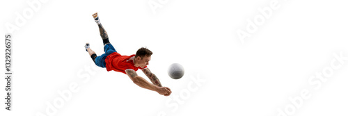 Obraz na płótnie Dynamic image of focused and skillful male volleyball player in motion during intense game, playing against white background. Concept of sport, competition, active lifestyle, determination. Banner w salonie