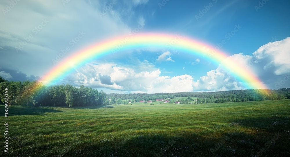 Rainbow Over Green Field Landscape After Rain with Cloudy Blue Sky Rainbow Over Green Field Landscape After Rain with Cloudy Blue Sky