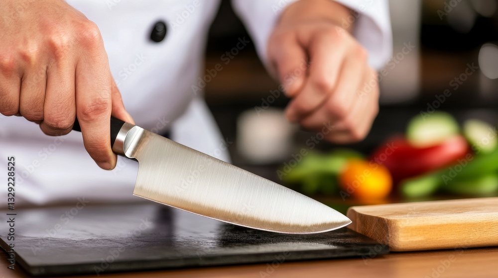 Chef skillfully chopping fresh vegetables on a wooden board in a modern kitchen setting Chef skillfully chopping fresh vegetables on a wooden board in a modern kitchen setting