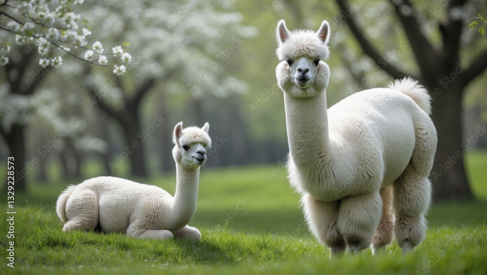 Obraz premium White Alpaca and its young, mammal