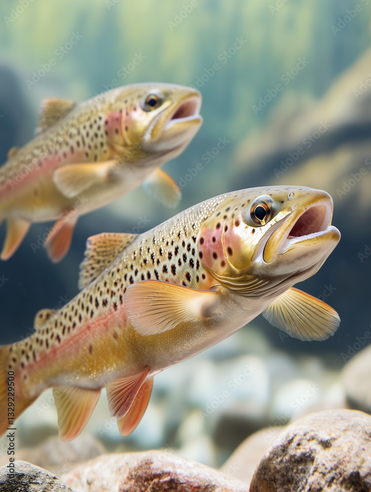 Fototapeta premium Two brown trout swimming in clear water near riverbed rocks