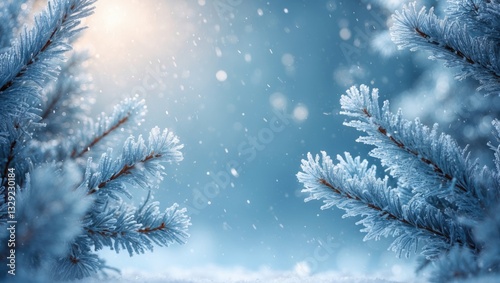 Winter luminous background featuring snowy pine branches