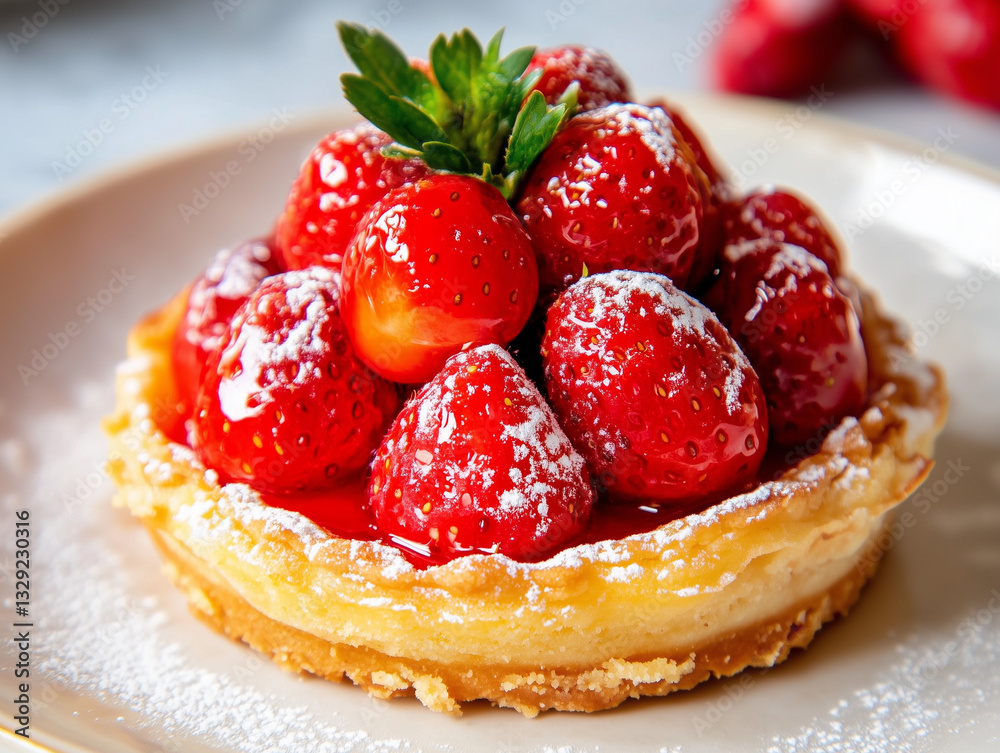 Delicious strawberry tart garnished with icing sugar and parsley Delicious strawberry tart garnished with icing sugar and parsley
