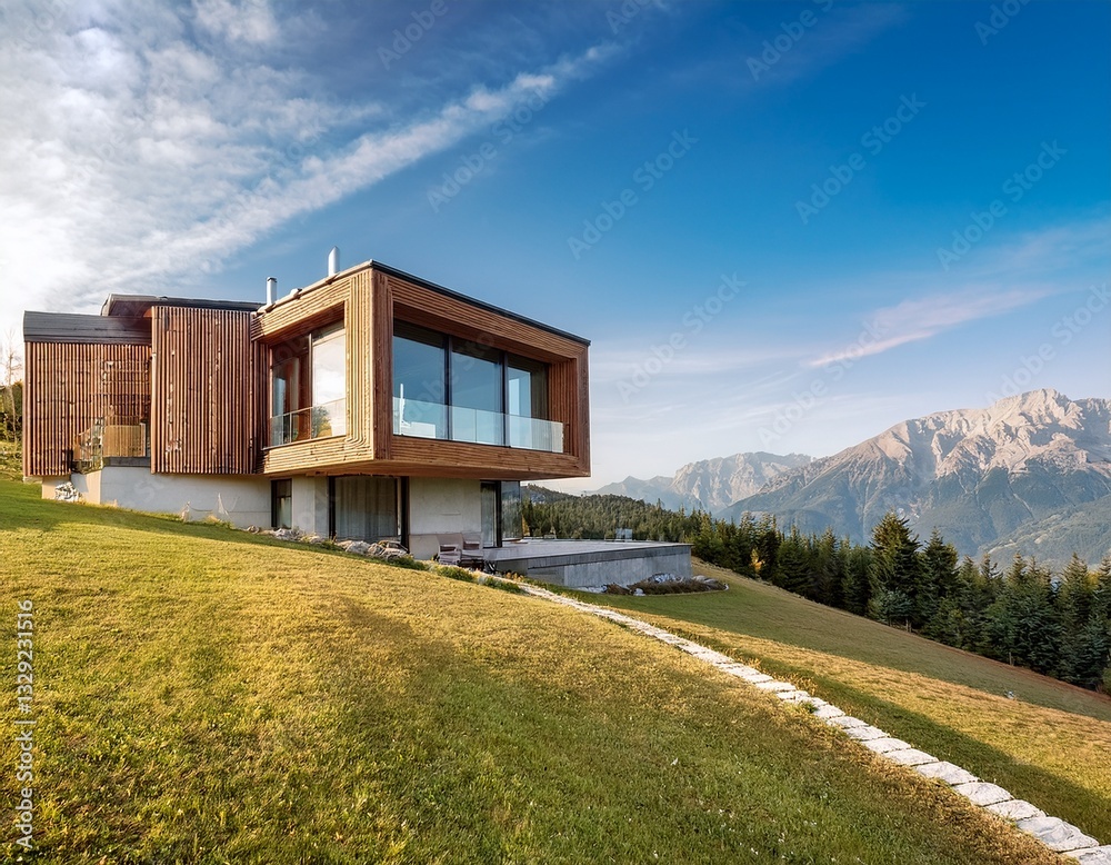 Generated image Modern mountain chalet design on hillside with spectacular mountain views Generated image Modern mountain chalet design on hillside with spectacular mountain views