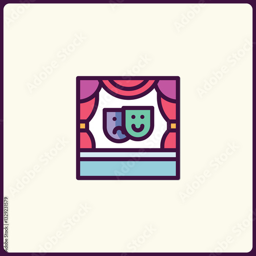 Illustrative theater stage icon with comedy and tragedy masks in vibrant style