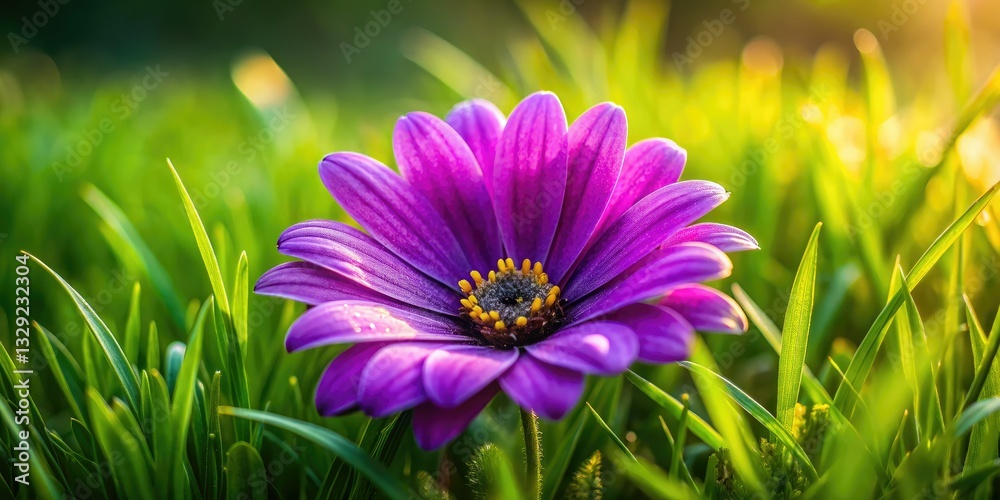Φωτογραφία Stunning close-up images showcase a purple flower's intricate beauty, set against a natural green grass floor