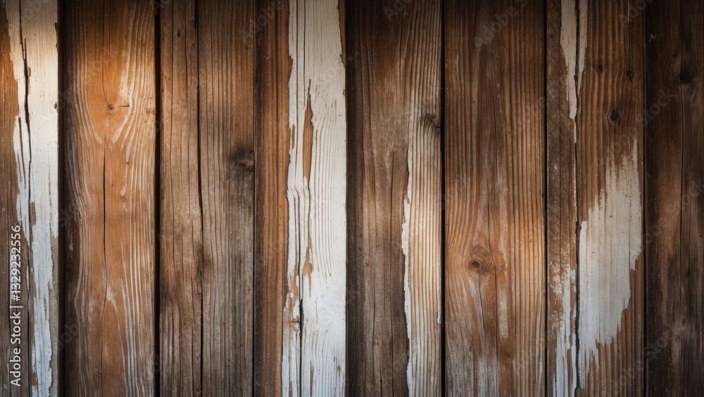 Fototapeta premium A rustic barn wood, weathered and peeling with white paint, embodies vintage charm. Its aged texture, gentle cracks, and soft tones provide a warm aesthetic, ideal for decor.