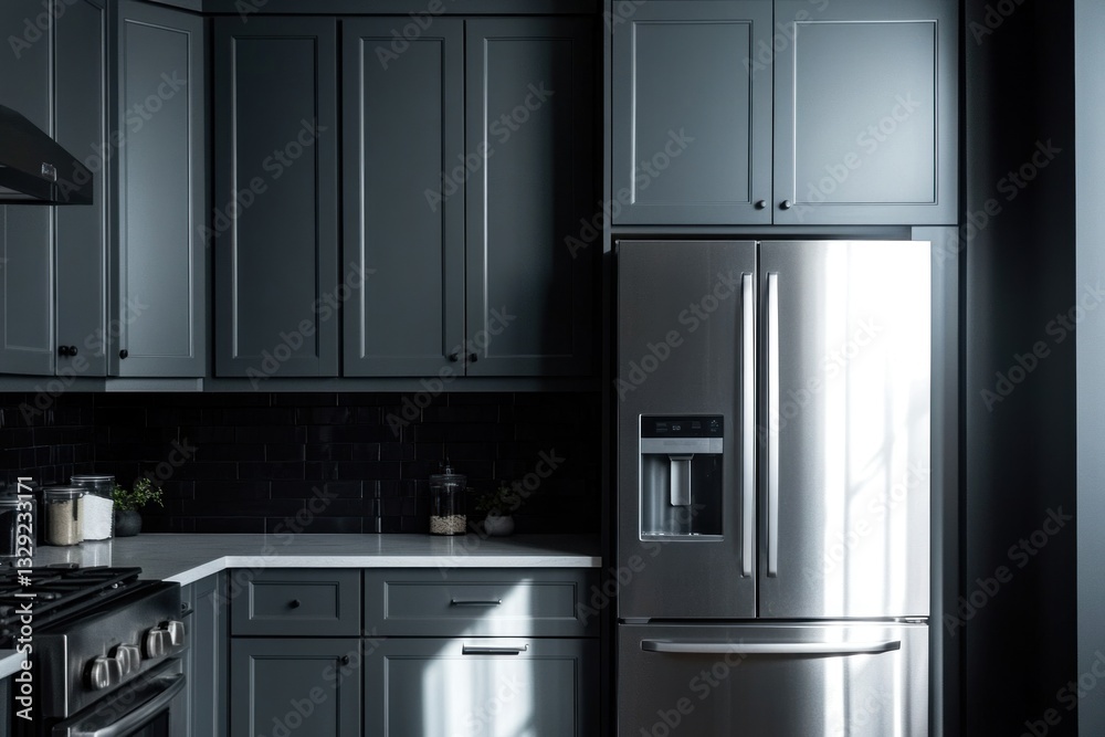 Fototapeta premium Modern kitchen with dark gray cabinets, stainless steel refrigerator, and black tile backsplash.