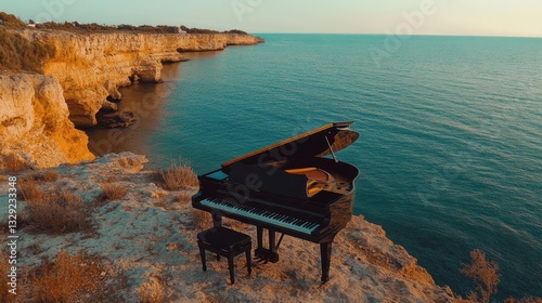A baby grand piano standing on the edge of a towering sea cliff, overlooking the ocean