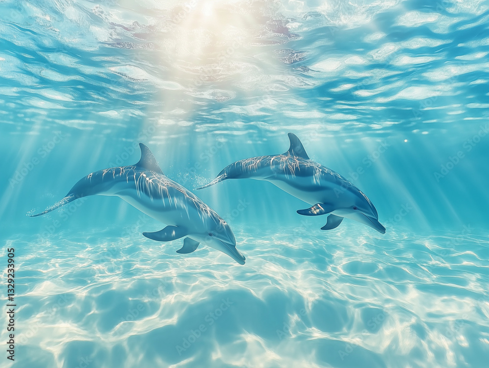 Fototapeta premium Two dolphins swimming in the ocean under sunlight beams