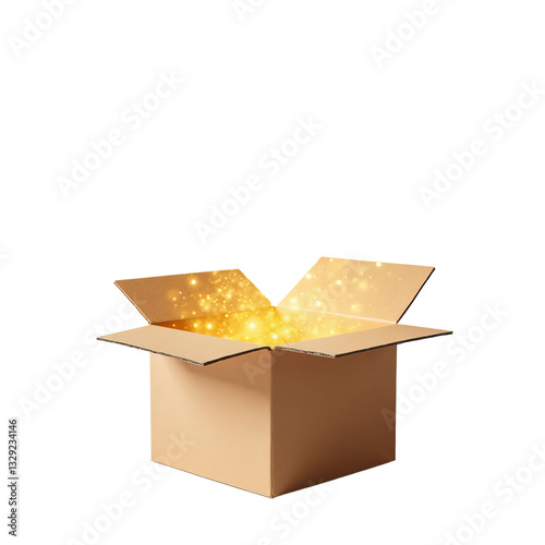 Cardboard box with sparkling light effect and transparent background