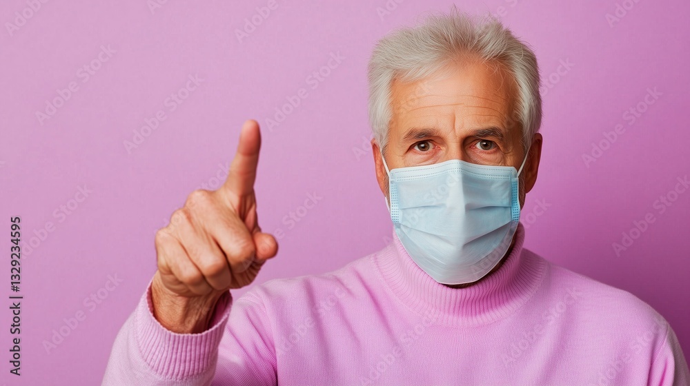 Senior gentleman wearing a mask gestures firmly Senior gentleman wearing a mask gestures firmly