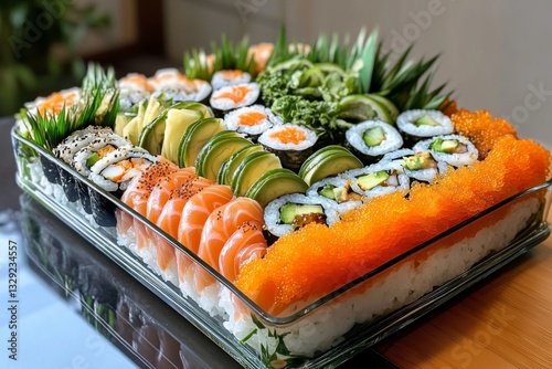 A sushi platter with every type of roll imaginable, the sheer quantity spilling off the sides of the plate