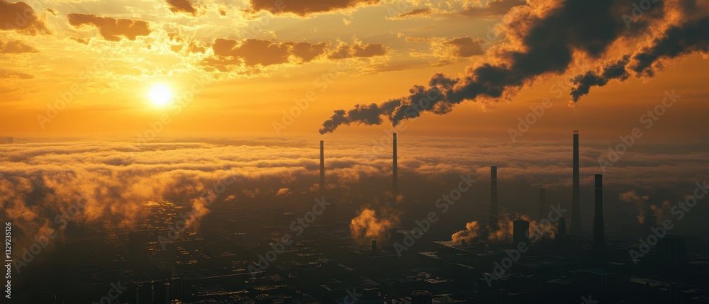 Obraz premium A sunset view over an industrial landscape, showcasing smokestacks emitting pollution into the sky, highlighting environmental concerns.