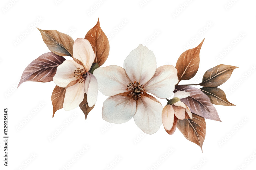 Fototapeta premium Elegant watercolor magnolia arrangement with leaves, cut out
