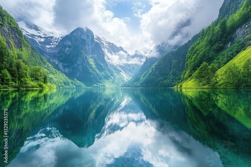 Serene alpine lake reflecting majestic peaks. Lush greenery surrounds a tranquil mountain lake, perfectly mirroring the surrounding peaks and clouds