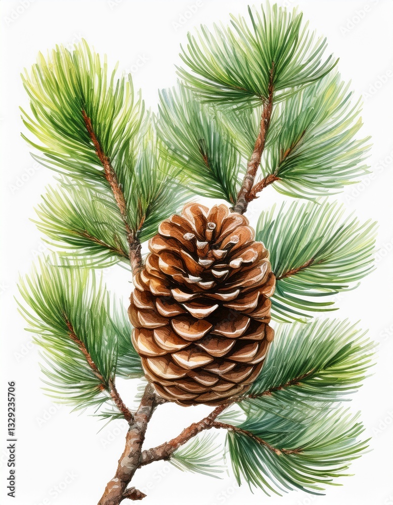 Fototapeta premium Generated image Pine branch with pine cone isolated on background, Conifer branch watercolor botanical paint