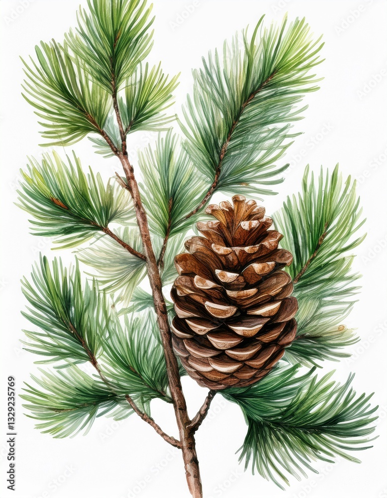 Generated image Pine branch with pine cone isolated on background, Conifer branch watercolor botanical paint Generated image Pine branch with pine cone isolated on background, Conifer branch watercolor botanical paint