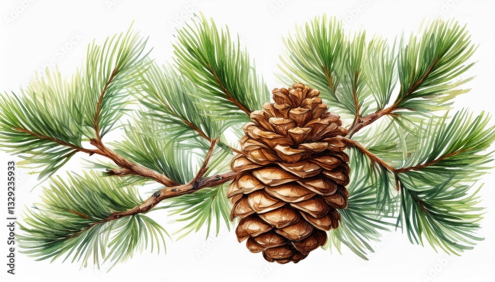 Generated image Pine branch with pine cone isolated on background, Conifer branch watercolor botanical paint Generated image Pine branch with pine cone isolated on background, Conifer branch watercolor botanical paint