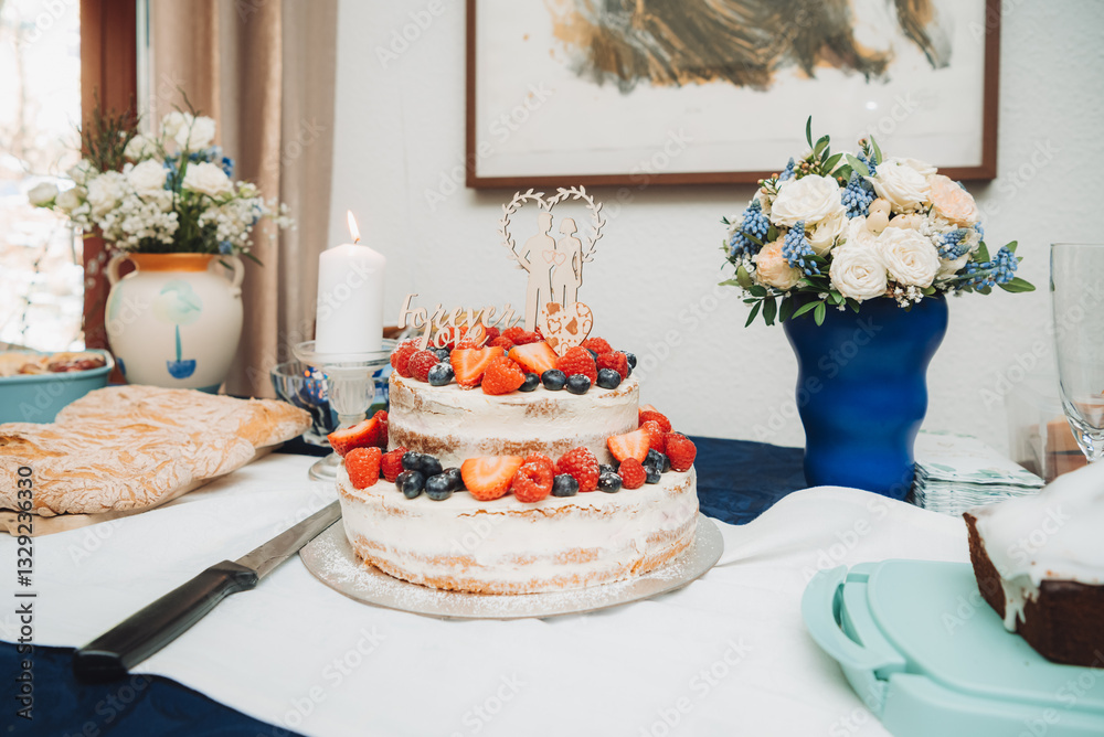 Festive cake with white cream, decorated with raspberries and strawberries