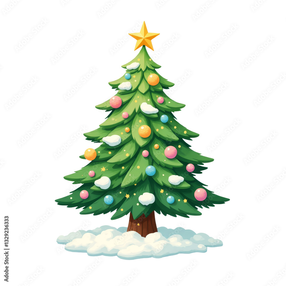 Cartoon Christmas Tree with Ornaments, Star, and Snow, transparent background Cartoon Christmas Tree with Ornaments, Star, and Snow, transparent background