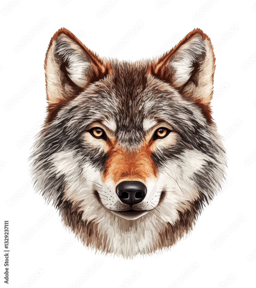 Obraz premium Realistic wolf head illustration with detailed fur and piercing eyes, cut out