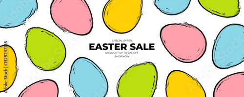 Easter Day Sale commercial banner with brush strokes Easter eggs for Easter holiday shopping promotion and sale advertising. Vector illustration.