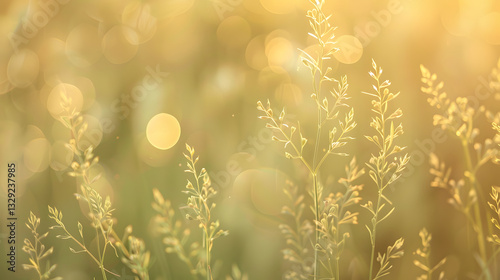 Dreamy aesthetic nature background, golden hour, bokeh effect